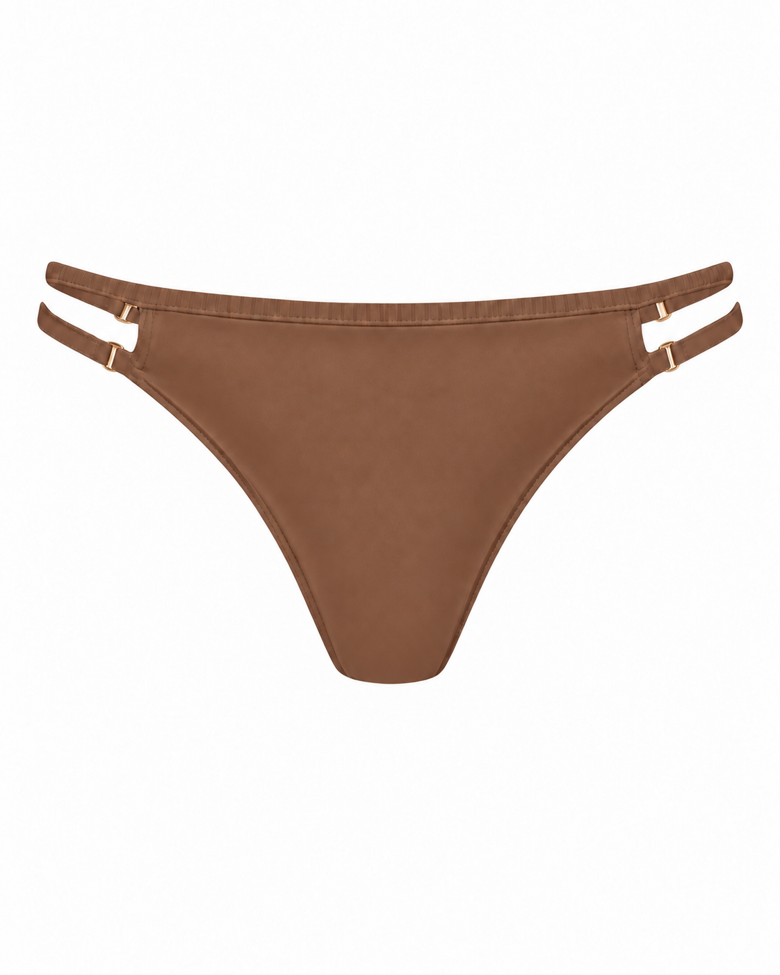 Front view of Cocoa Cashmere Thanks For The Space Bikini Bottoms with double adjustable side straps and gold-tone hardware.