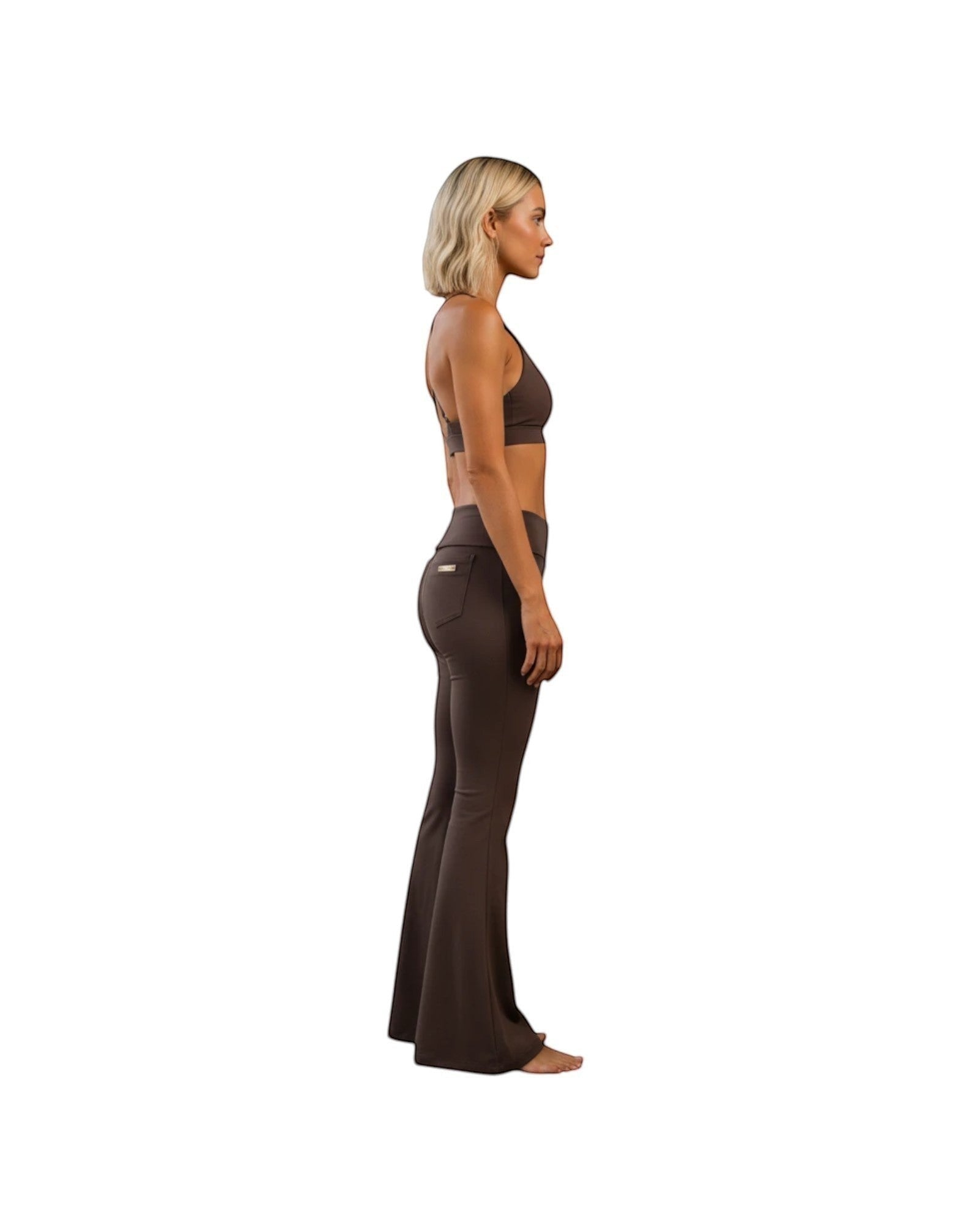 Side view of a model wearing Phural She Did It Anyway Flares in cocoa cashmere, featuring a high-waist flare design.