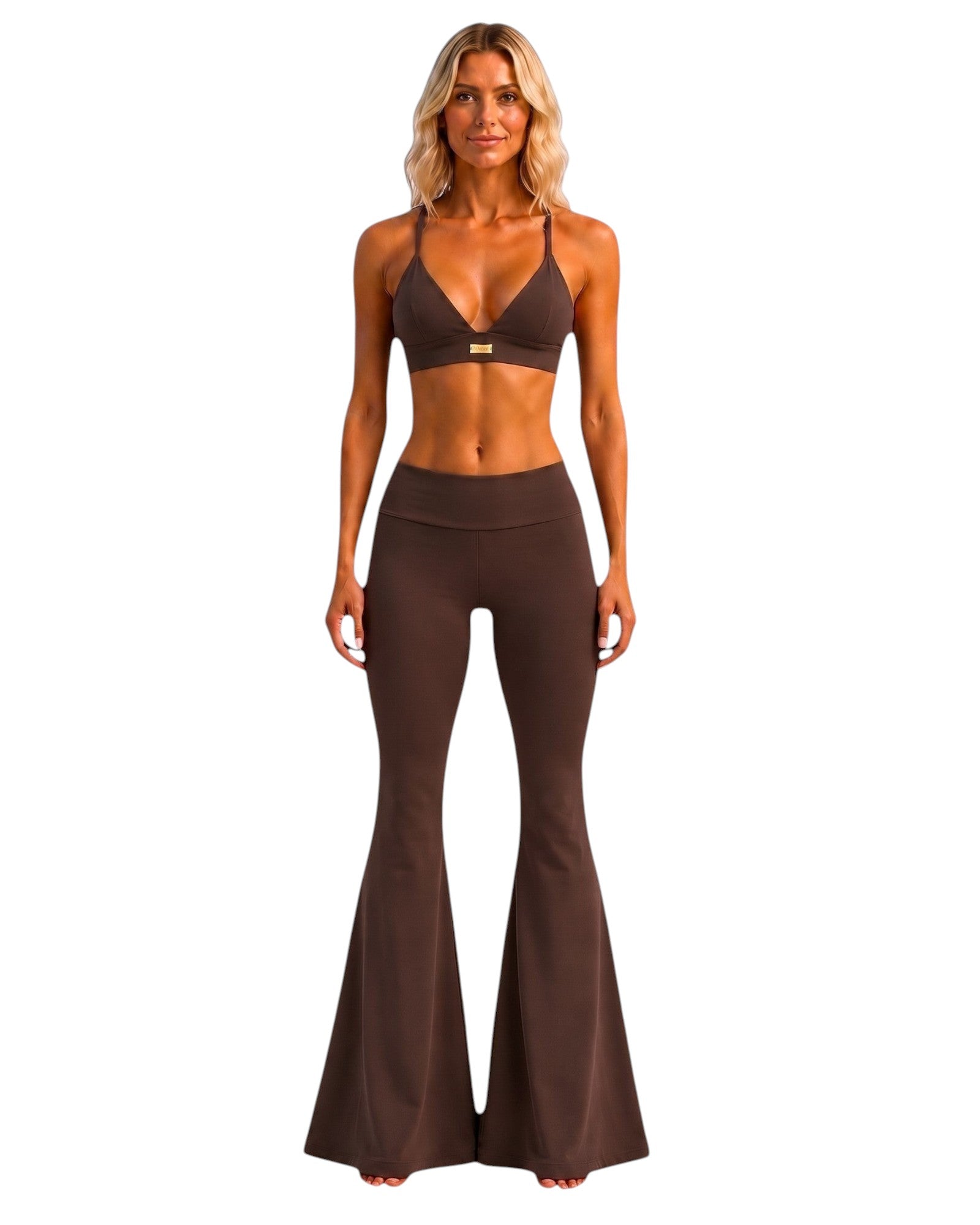 Phural She Did It Anyway Flares in cocoa cashmere featuring a high-compression wide-leg silhouette on a blonde model