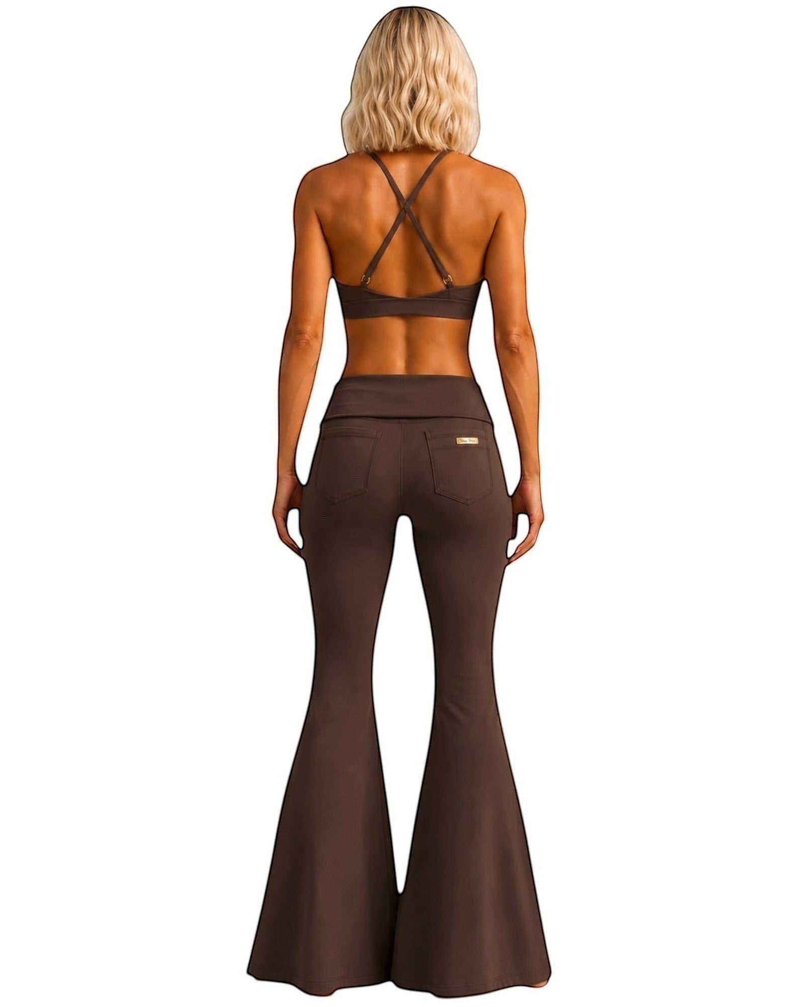 Phural She Did It Anyway Flares in cocoa cashmere featuring a high-compression wide-leg silhouette and back pockets.