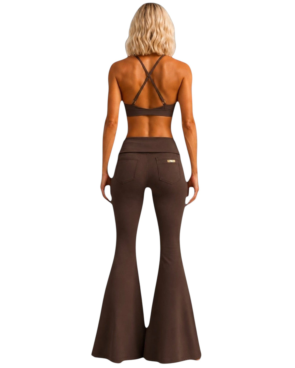 Phural She Did It Anyway Flares in cocoa cashmere featuring a high-compression wide-leg silhouette and back pockets.