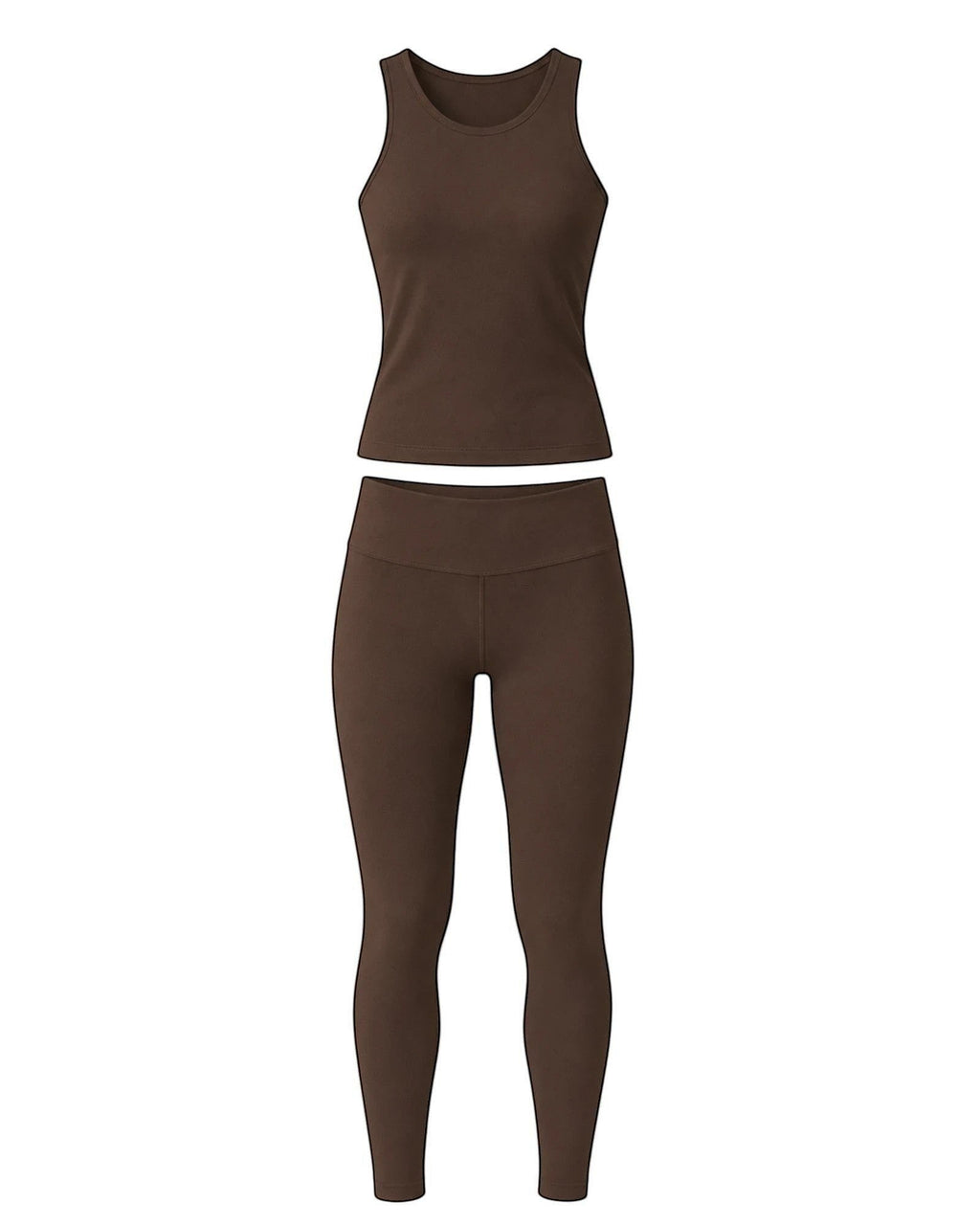 Phural cocoa cashmere matching set featuring a sleeveless tank top and high-compression leggings in brown nylon-spandex.