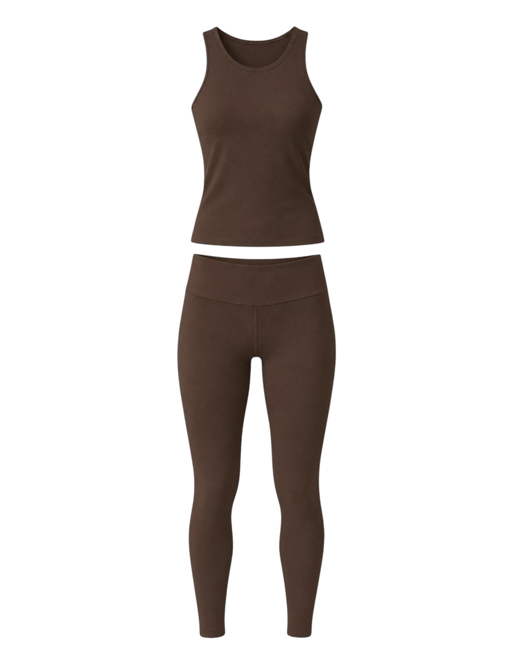 Phural cocoa cashmere matching set featuring a sleeveless tank top and high-compression leggings in brown nylon-spandex.