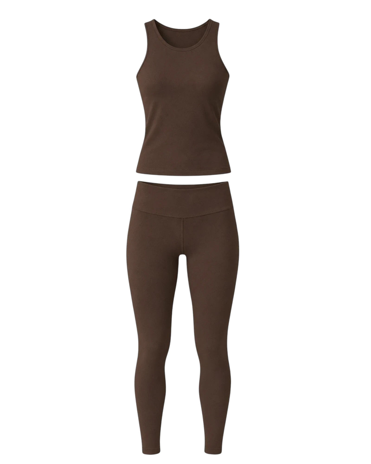 Phural cocoa cashmere matching set featuring a sleeveless tank top and high-compression leggings in brown nylon-spandex.
