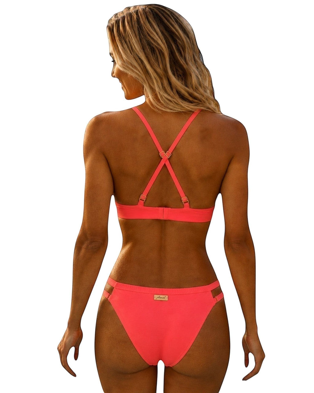 Phural Thanks For The Space coral bikini bottoms with adjustable side straps and gold hardware, back view.