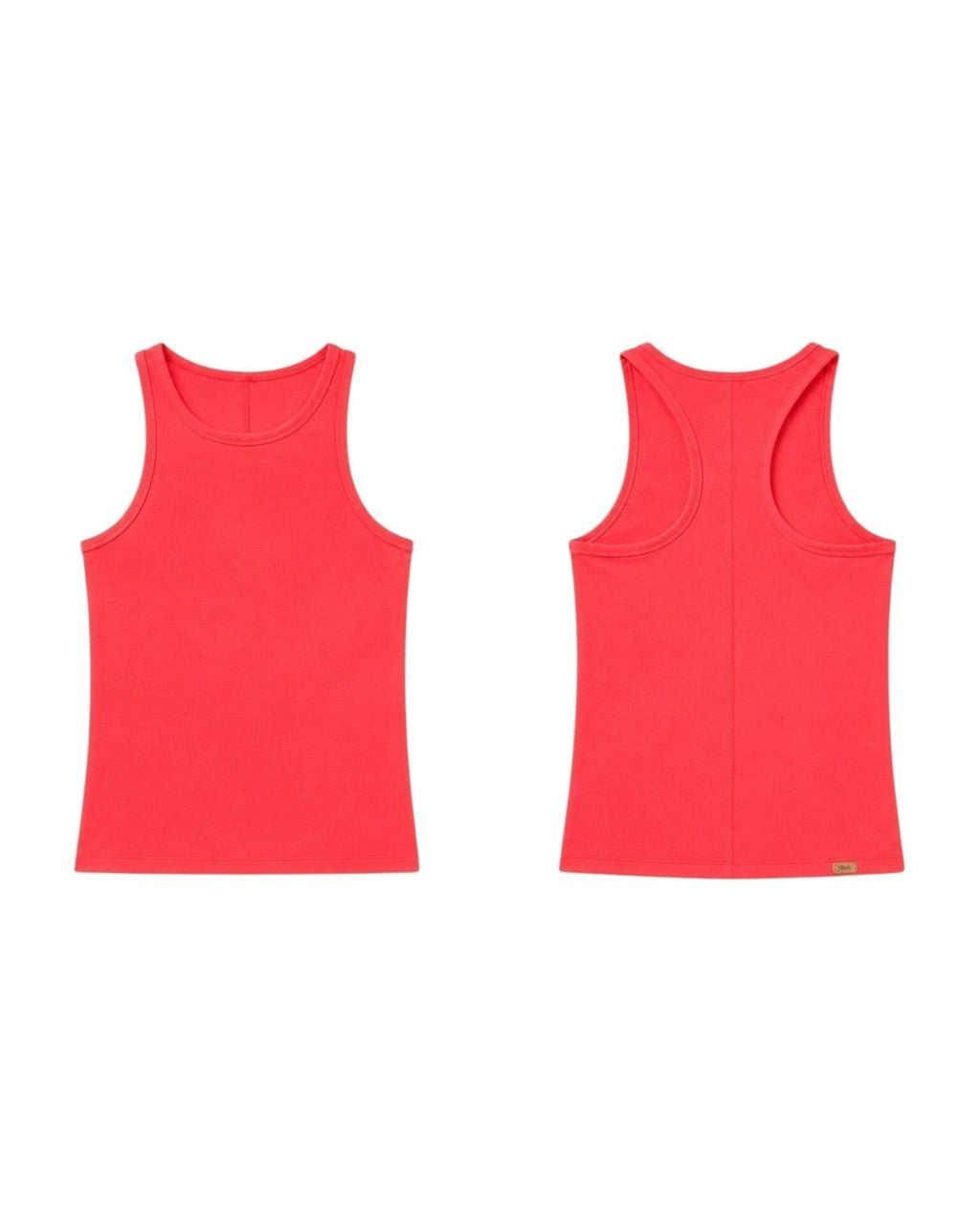 Phural coral riviera racerback tank top in high-compression nylon-spandex fabric, front and back view.