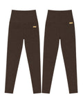 Phural Made For More high-waisted dark brown performance leggings with side pockets and back patch pockets.