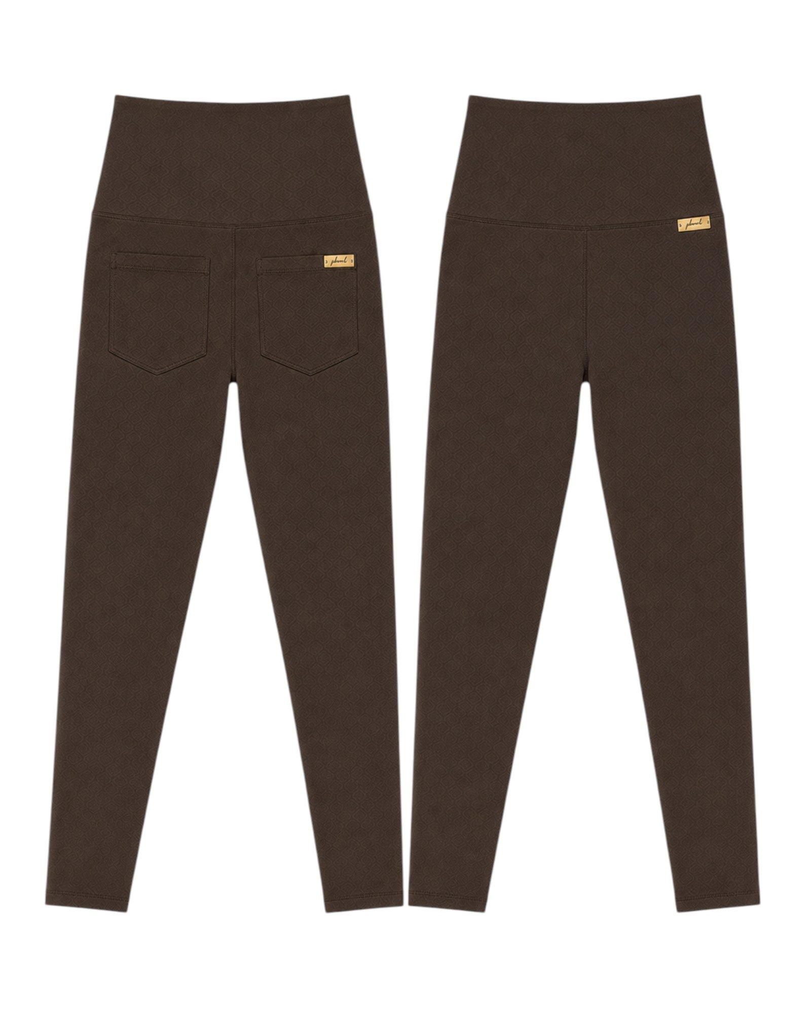 Phural Made For More high-waisted dark brown performance leggings with side pockets and back patch pockets.