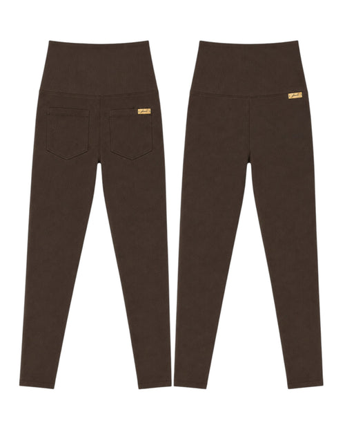 Phural Made For More high-waisted dark brown performance leggings with side pockets and back patch pockets.