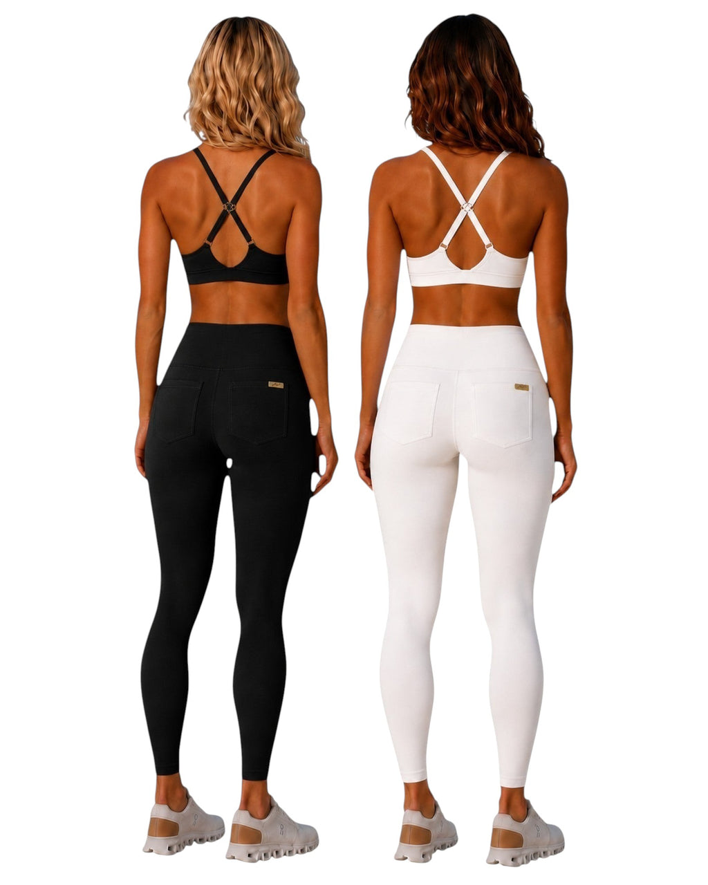 Two models wearing Phural high-waisted performance leggings with back pockets in black and white, rear view.