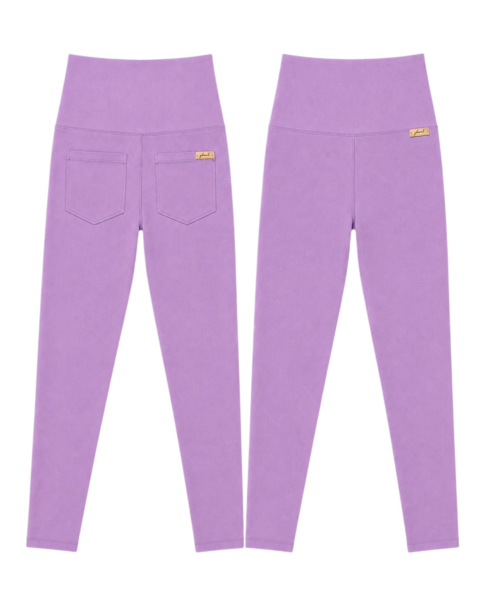 Phural Made For More high-waisted lavender leggings in premium nylon-spandex with a sleek, pocketless design.