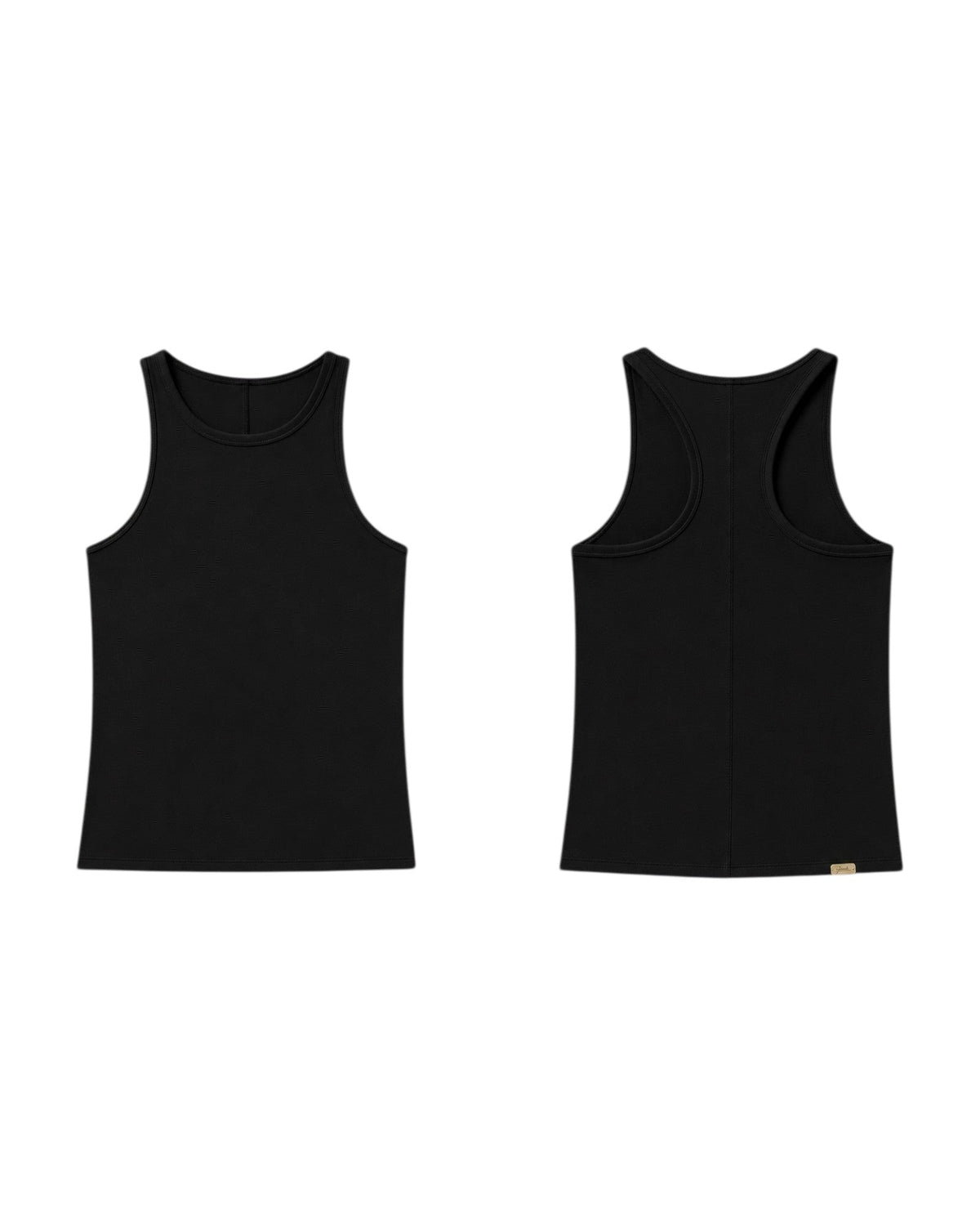 Phural Let Them Talk Tank in black nylon-spandex featuring a classic racerback design, shown from front and back.