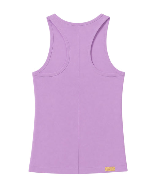 Phural Let Them Talk Tank in lavender nylon-spandex with a racerback silhouette and gold brand tag on the hem.