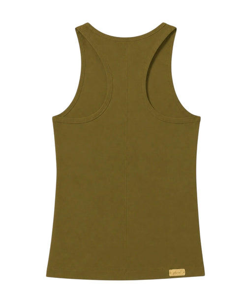 Phural Let Them Talk Tank in olive green nylon-spandex with a racerback silhouette and gold logo tag