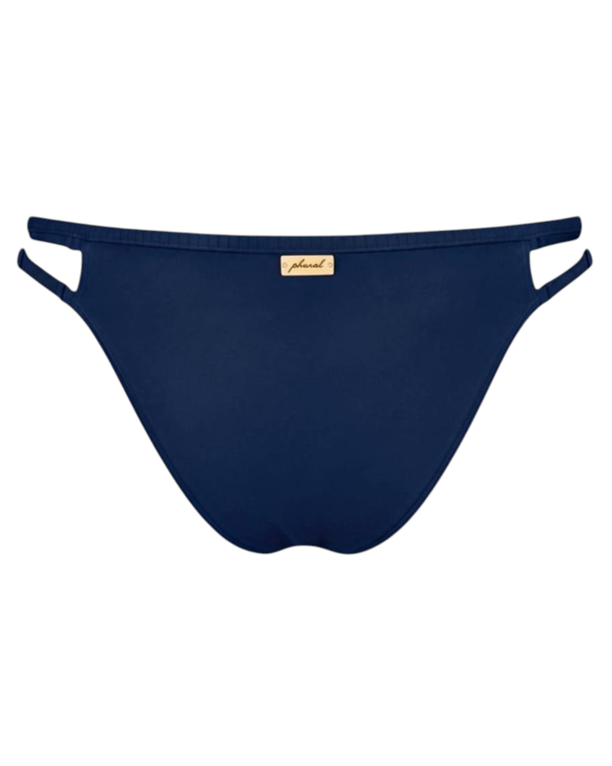 Phural navy blue bikini bottom with side cut-out details and a gold branded metal plaque on the back