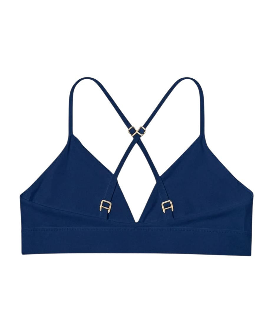Navy Cardio To Cabana Bra-kini from the back, showing crossed straps, gold-tone adjusters and a continuous band.