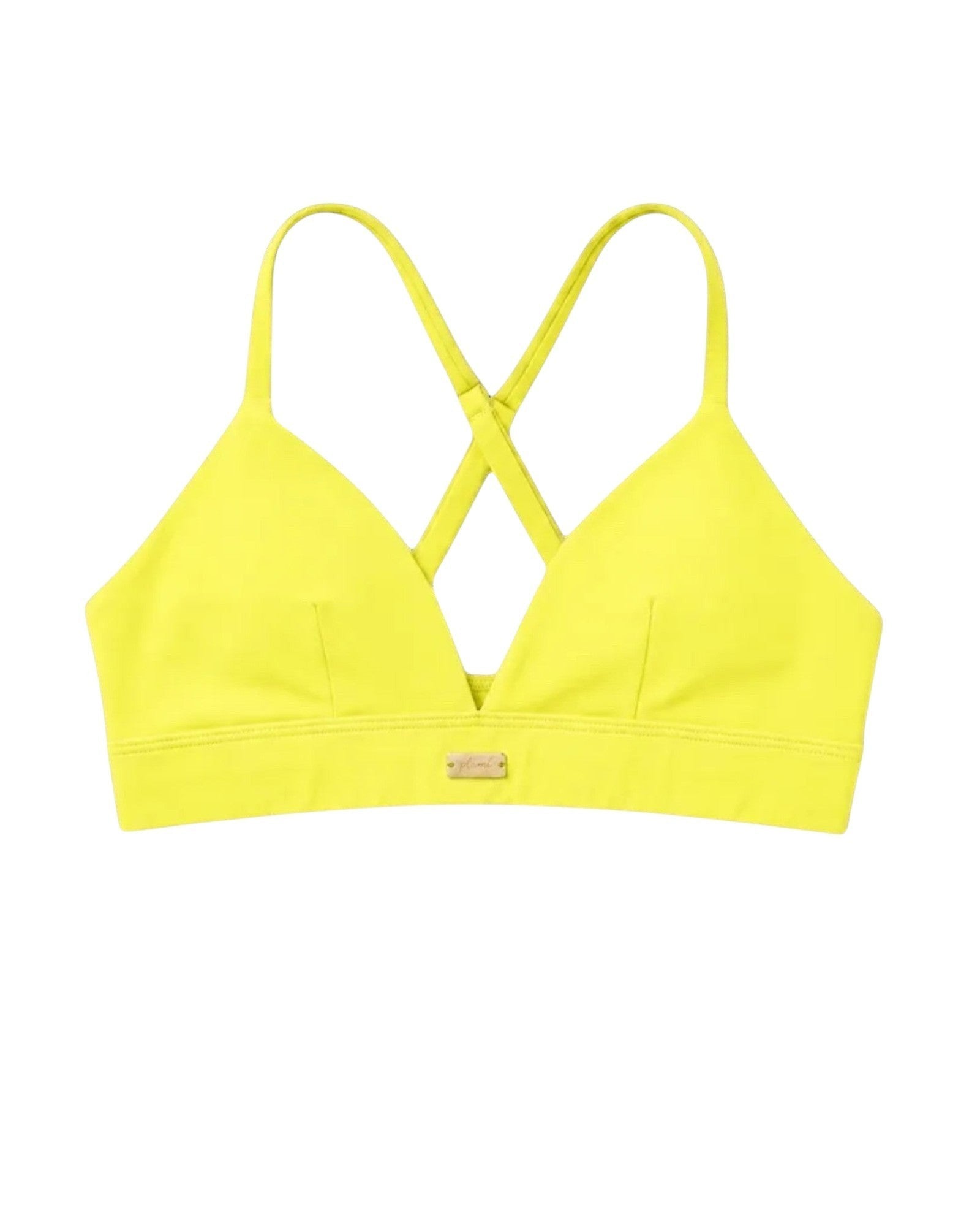 Phural neon yellow convertible bra-kini top with racerback straps and gold hardware detail.