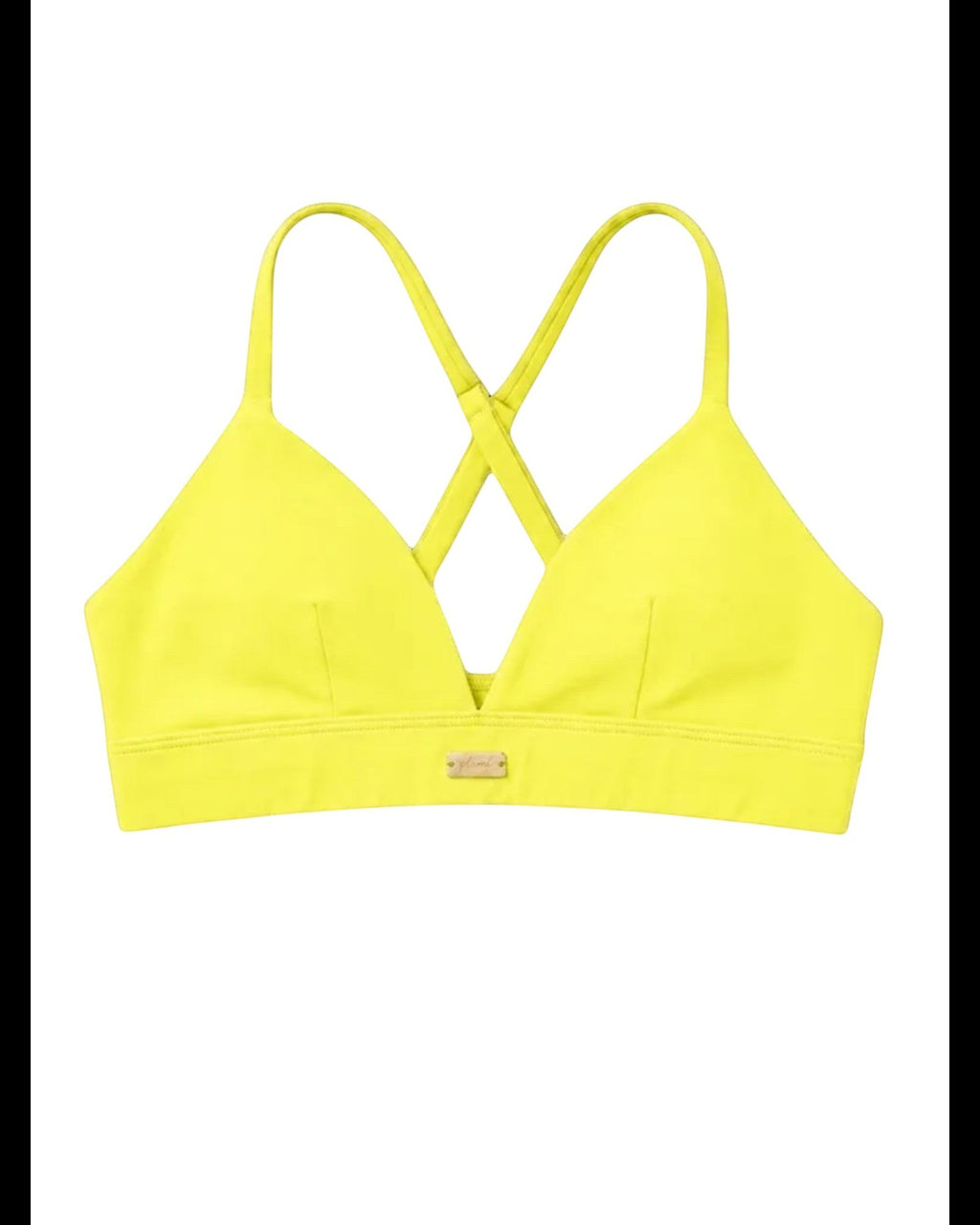 Phural neon yellow convertible bra-kini top with racerback straps and gold hardware detail.