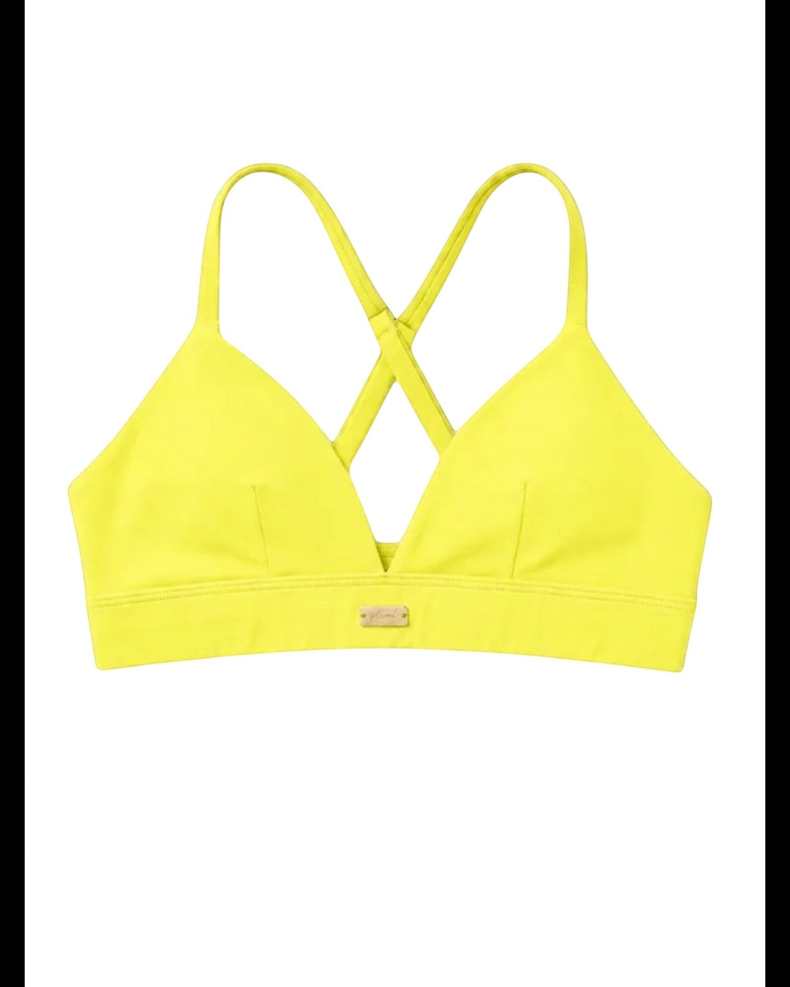 Phural neon yellow convertible bra-kini top with racerback straps and gold hardware detail.