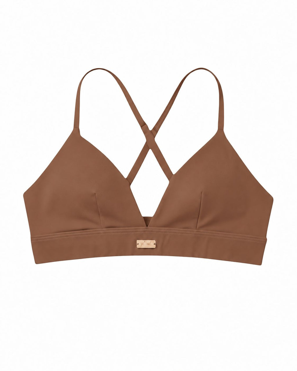 Front view of Phural's Cardio To Cabana Bra-kini in Cocoa Cashmere brown with a V-neckline and small gold-tone plaque.