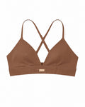 Front view of Phural's Cardio To Cabana Bra-kini in Cocoa Cashmere brown with a V-neckline and small gold-tone plaque.