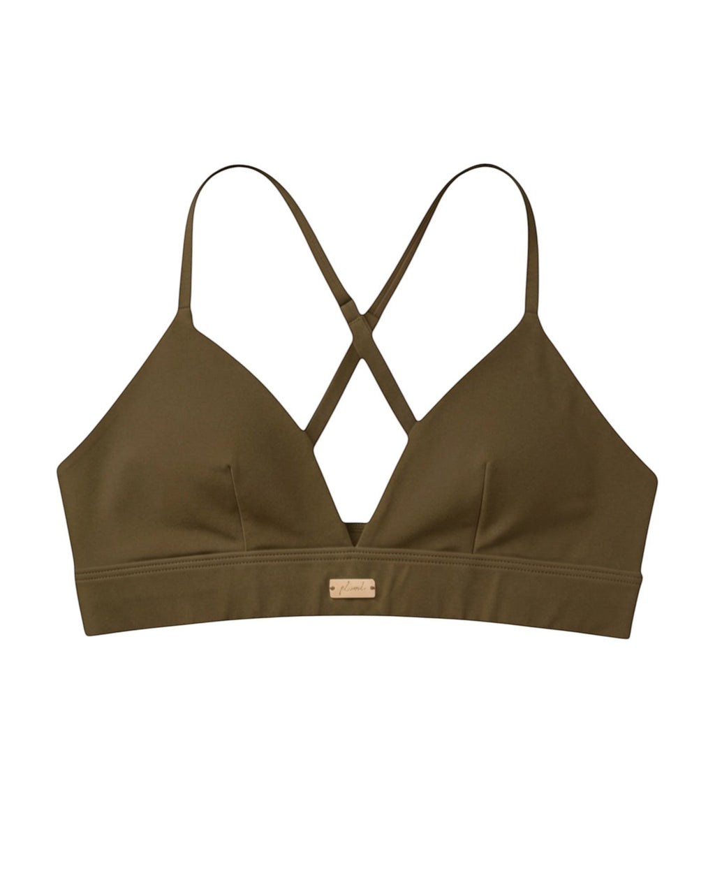 Phural olive green convertible bra-kini top with racerback straps and gold hardware detail.