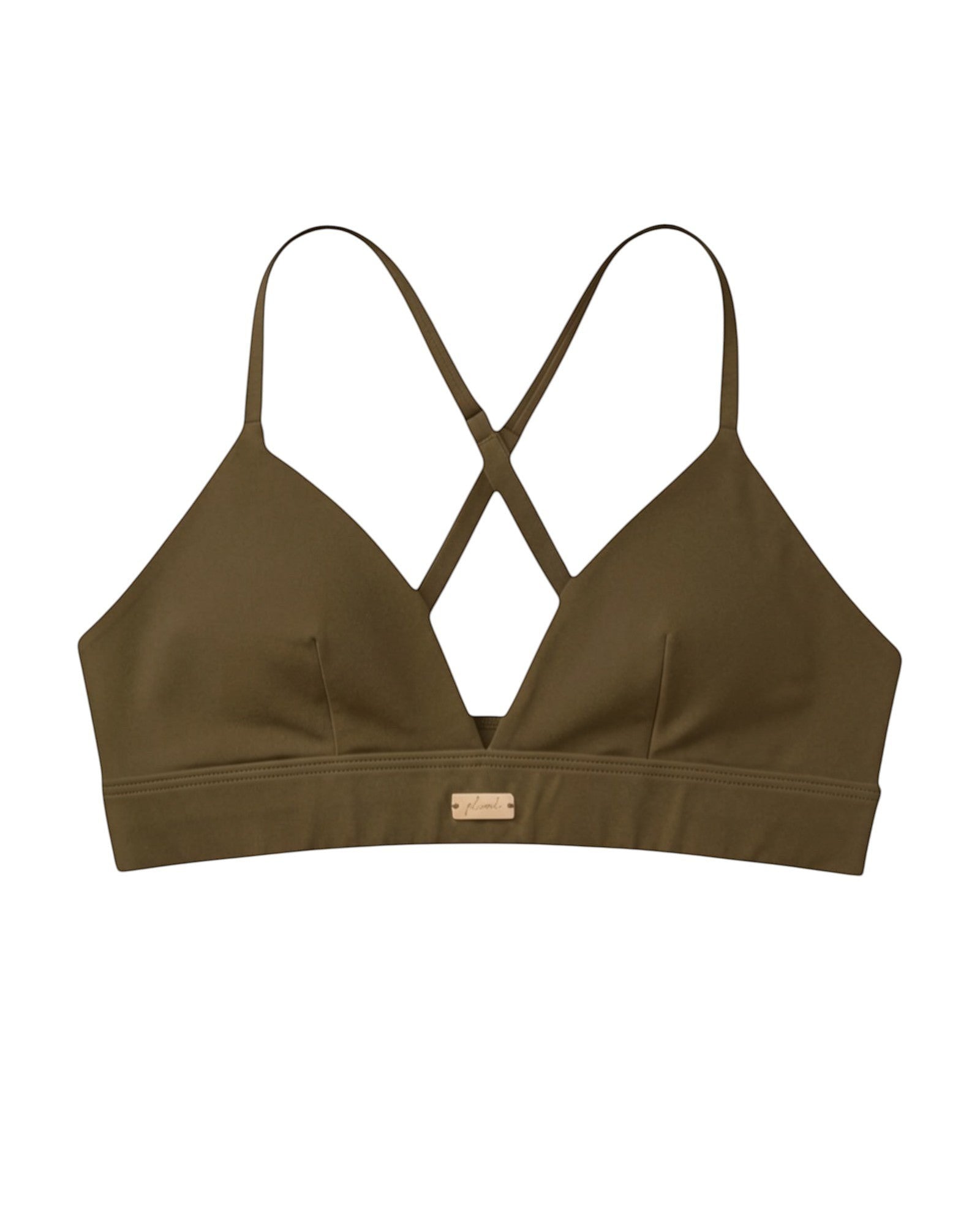 Phural olive green convertible bra-kini top with racerback straps and gold hardware detail.