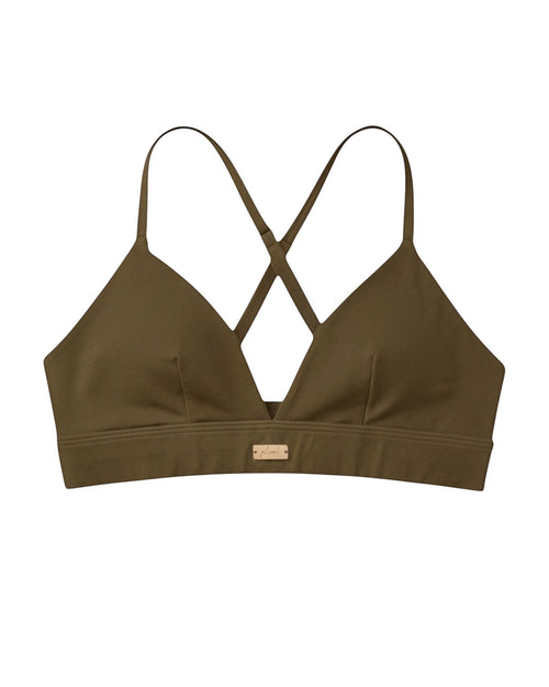 Phural olive green convertible bra-kini top with racerback straps and gold hardware detail.