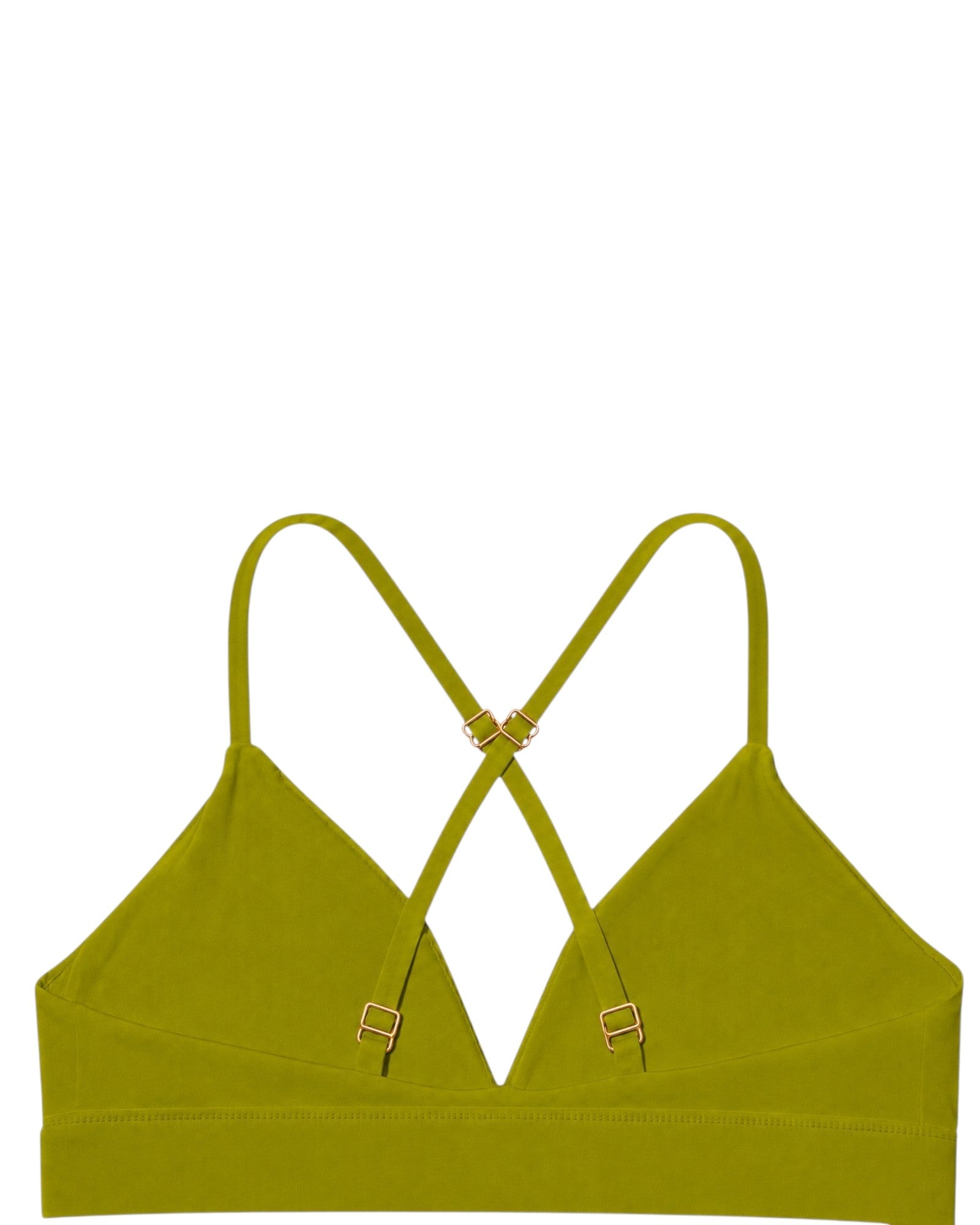 Phural olive green convertible bra-kini top with gold hardware and racerback straps on a white background.