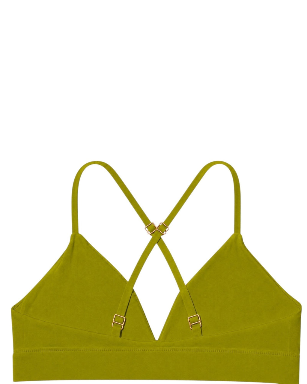 Phural olive green convertible bra-kini top with gold hardware and racerback straps on a white background.