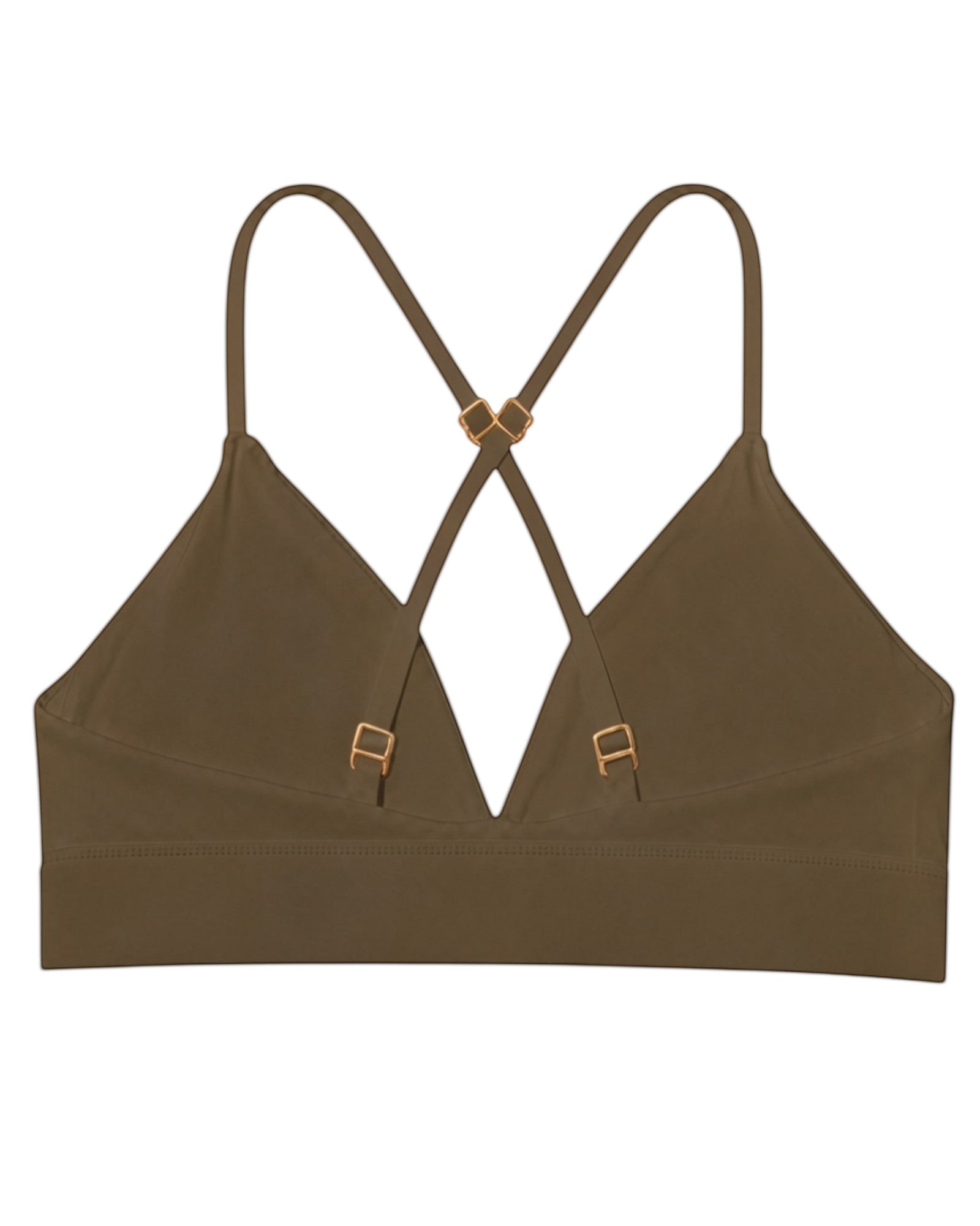 Phural olive green convertible bra-kini top with racerback straps and premium gold hardware details.
