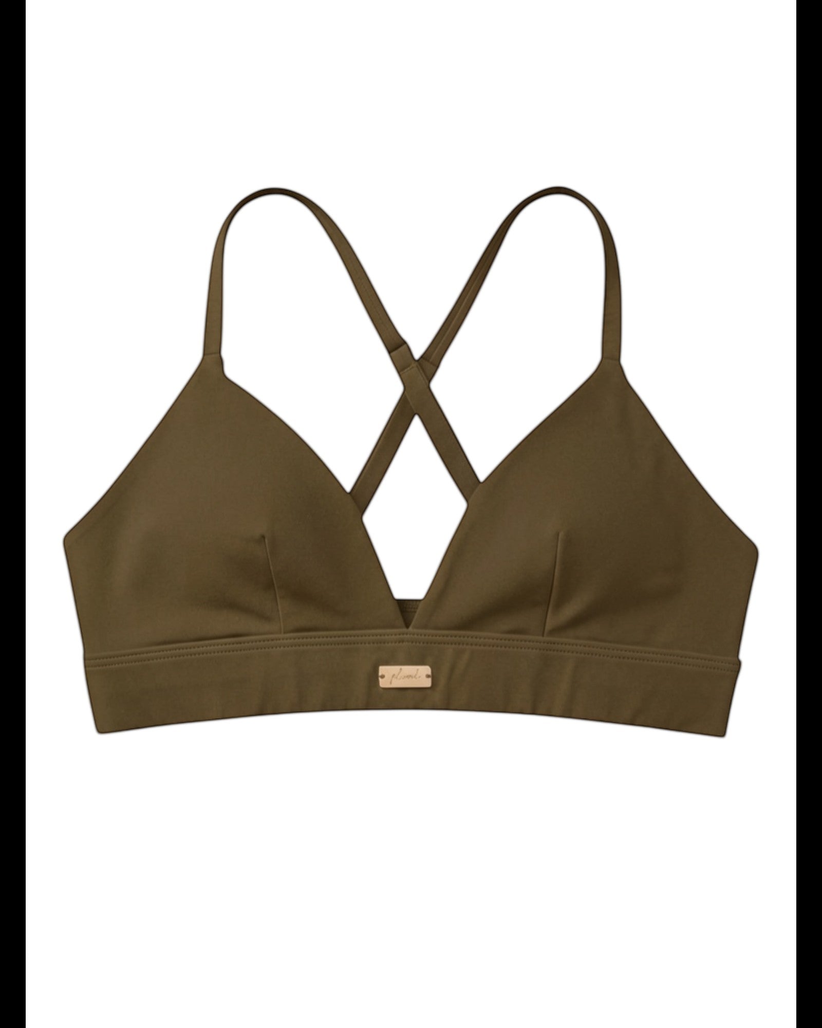 Phural olive green convertible bra-kini top with racerback straps and gold hardware detail.