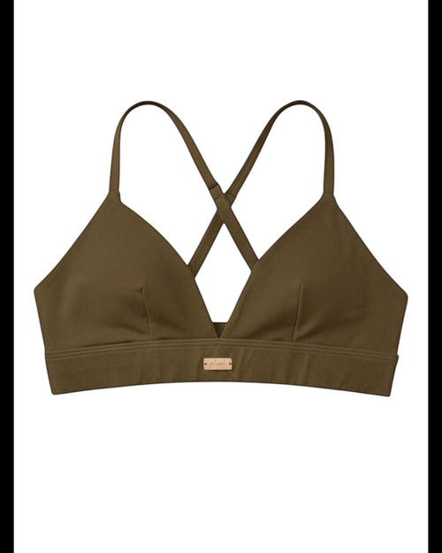 Phural olive green convertible bra-kini top with racerback straps and gold hardware detail.
