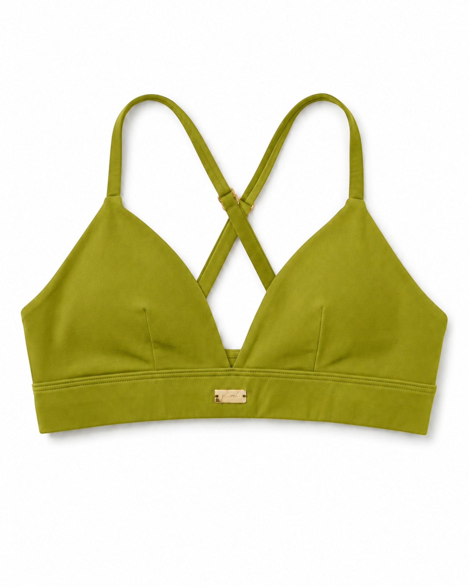 Phural olive green convertible sports bra and bikini top with gold hardware and racerback straps