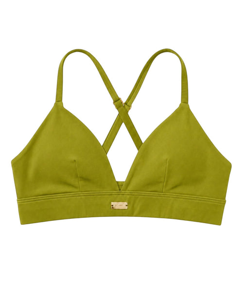 Phural olive green convertible sports bra and bikini top with gold hardware and racerback straps