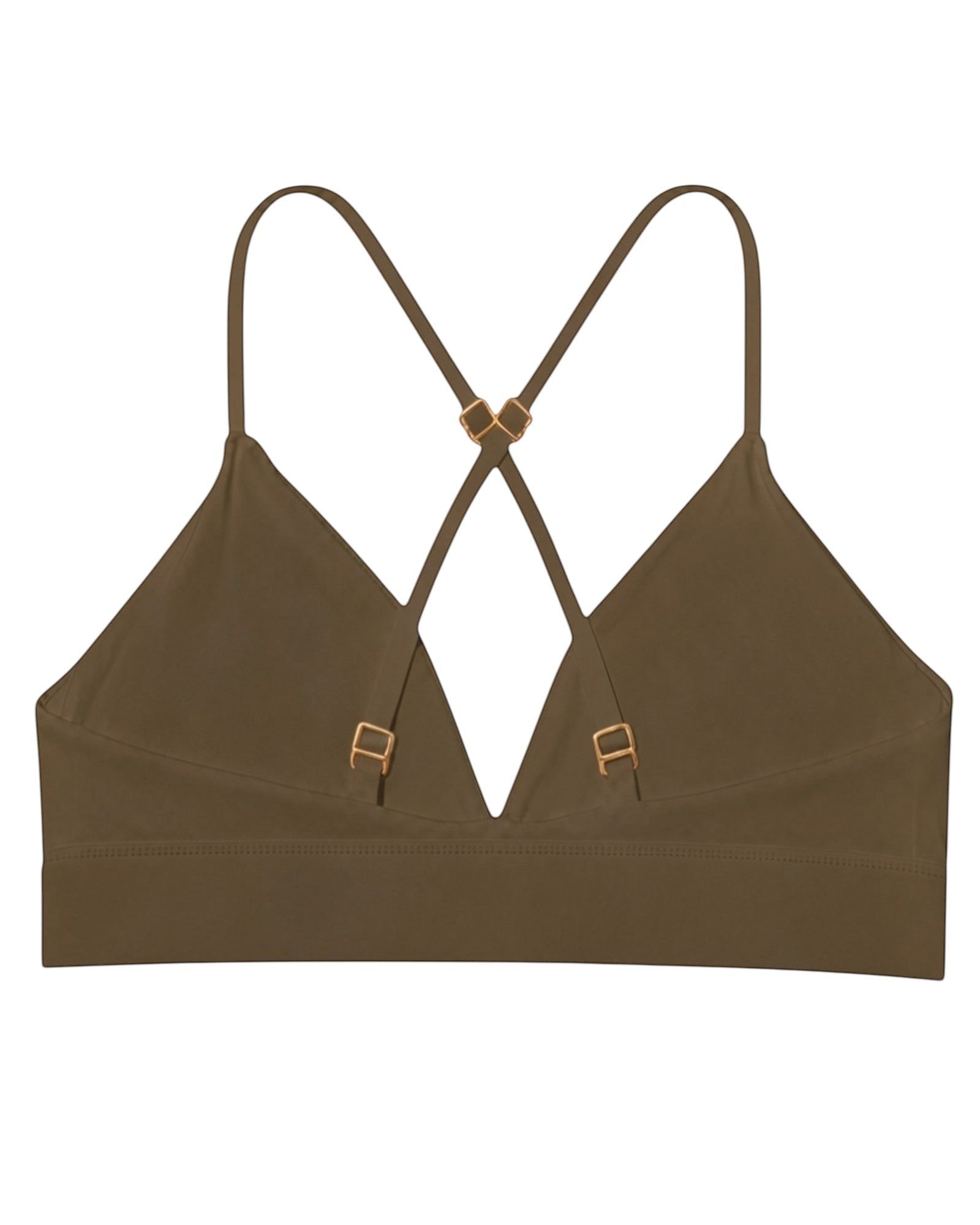 Phural olive green convertible bra-kini top with racerback straps and premium gold hardware details.