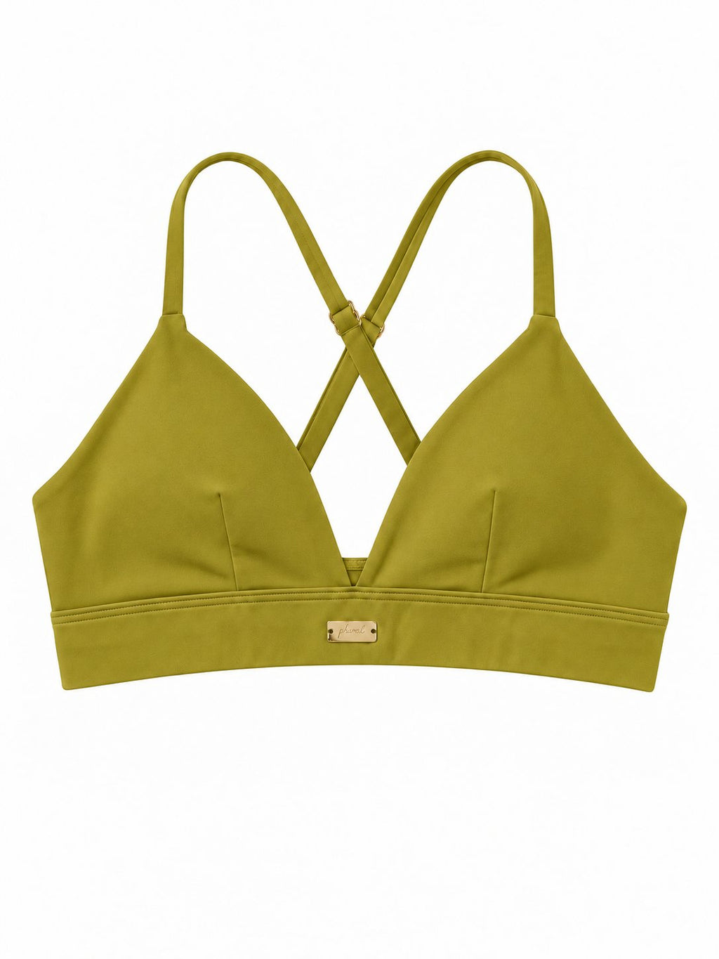 Front view of the Avocado Atelier Cardio To Cabana Bra-kini with a V-neckline, crossed straps and gold-tone Phural tag.