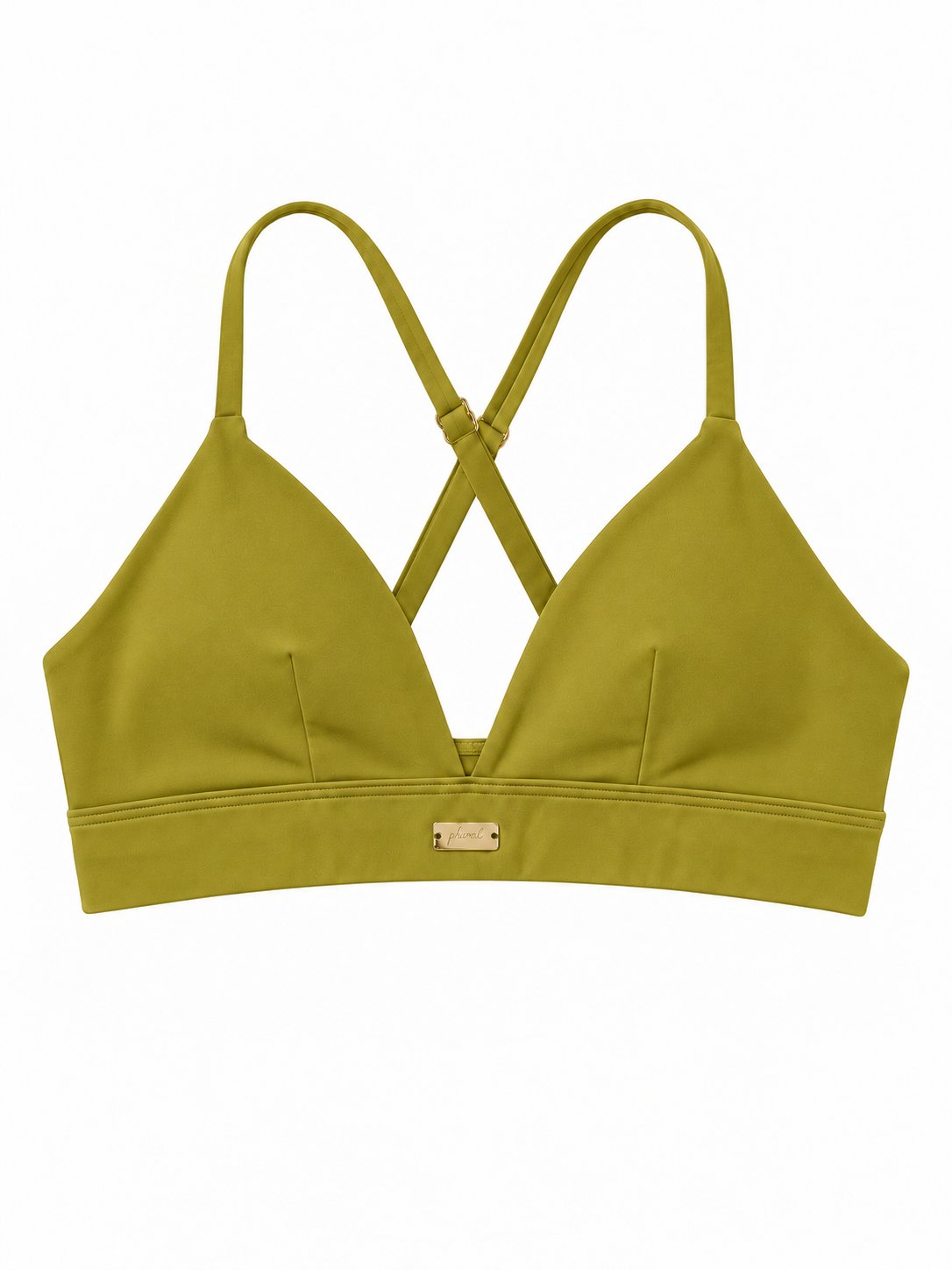 Front view of the Avocado Atelier Cardio To Cabana Bra-kini with a V-neckline, crossed straps and gold-tone Phural tag.