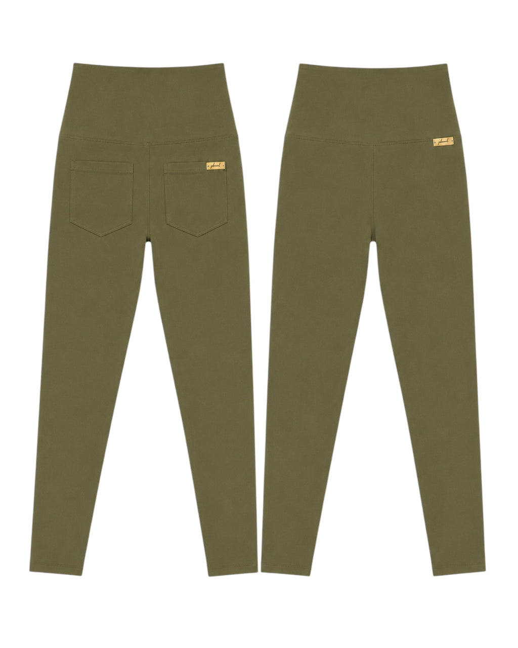 Phural Made For More olive green high-waisted leggings with back pockets and a small gold logo tag on a white background
