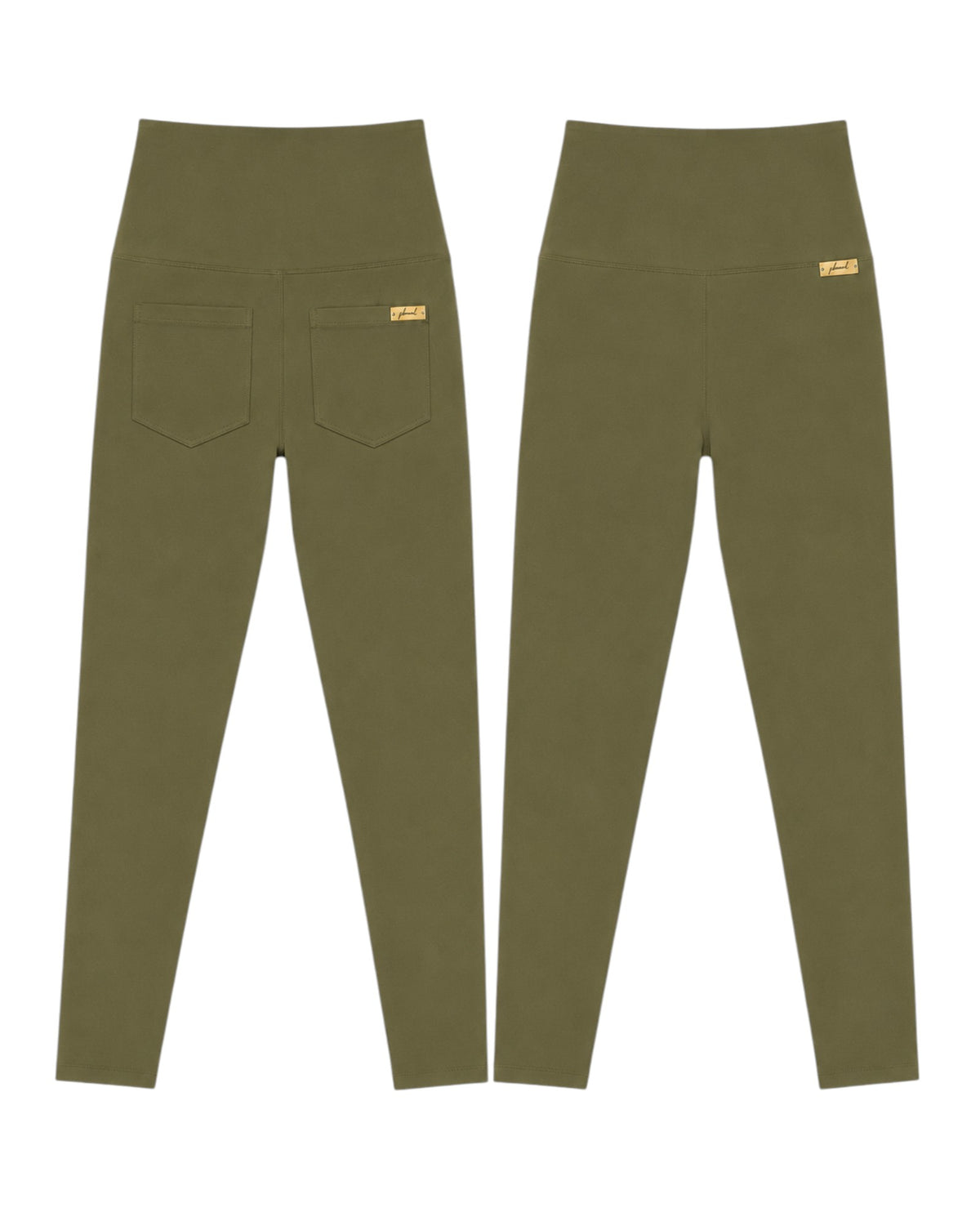 Phural Made For More olive green high-waisted leggings with back pockets and a small gold logo tag on a white background