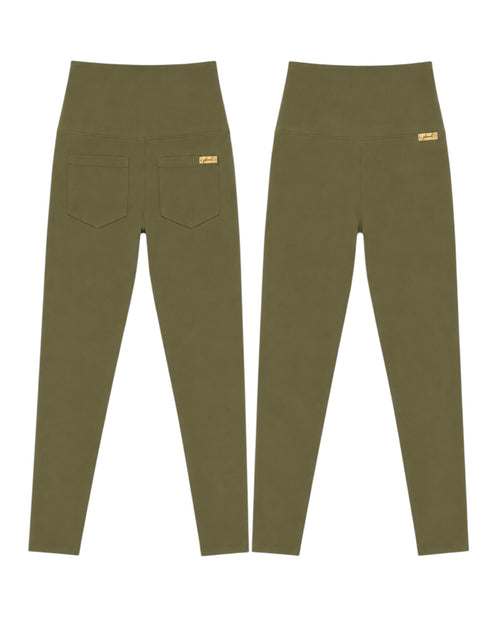 Phural Made For More olive green high-waisted leggings with back pockets and a small gold logo tag on a white background