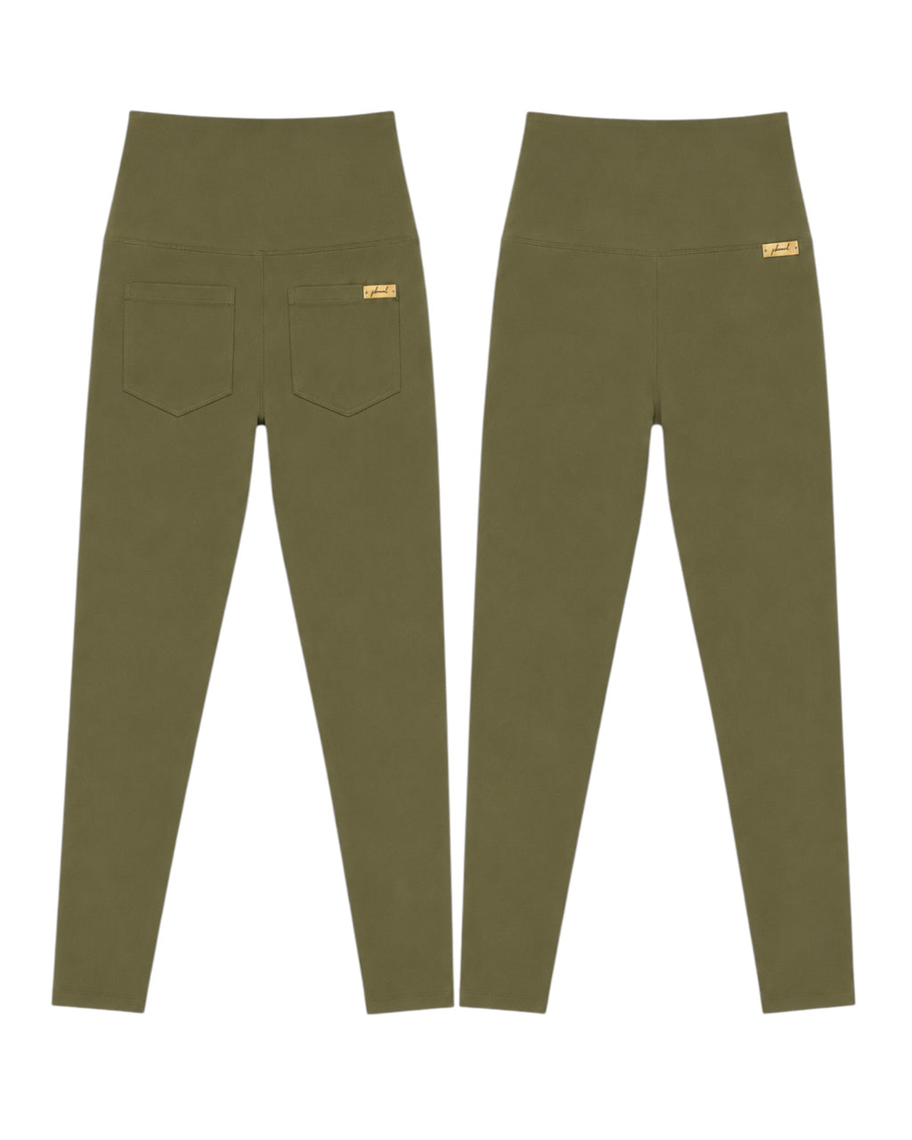 Phural olive green high-waisted performance leggings with a sleek minimalist design and premium nylon-spandex fabric.