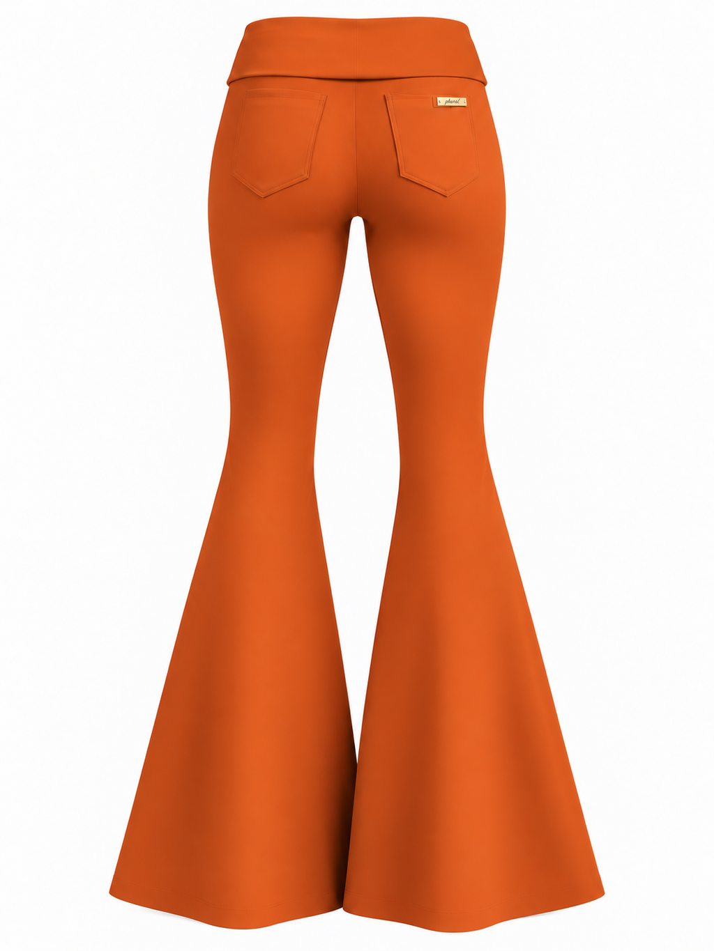 PHURAL She Did It Anyway Flares in Pumpkin Spice — two back pockets and gold PHURAL tag