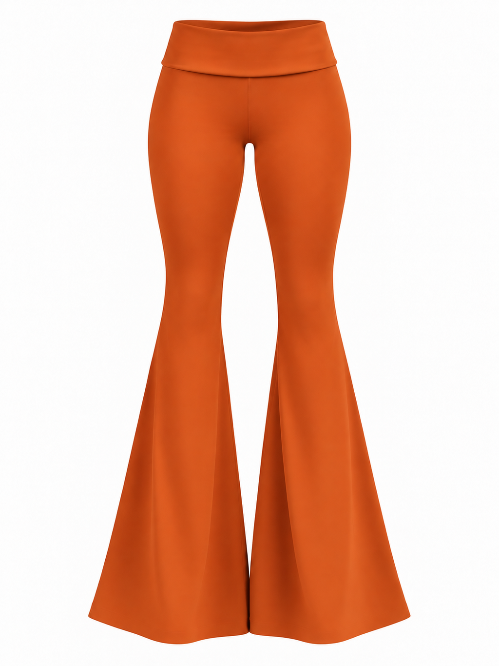 PHURAL She Did It Anyway Flares in Pumpkin Spice — low-rise foldover waistband front view
