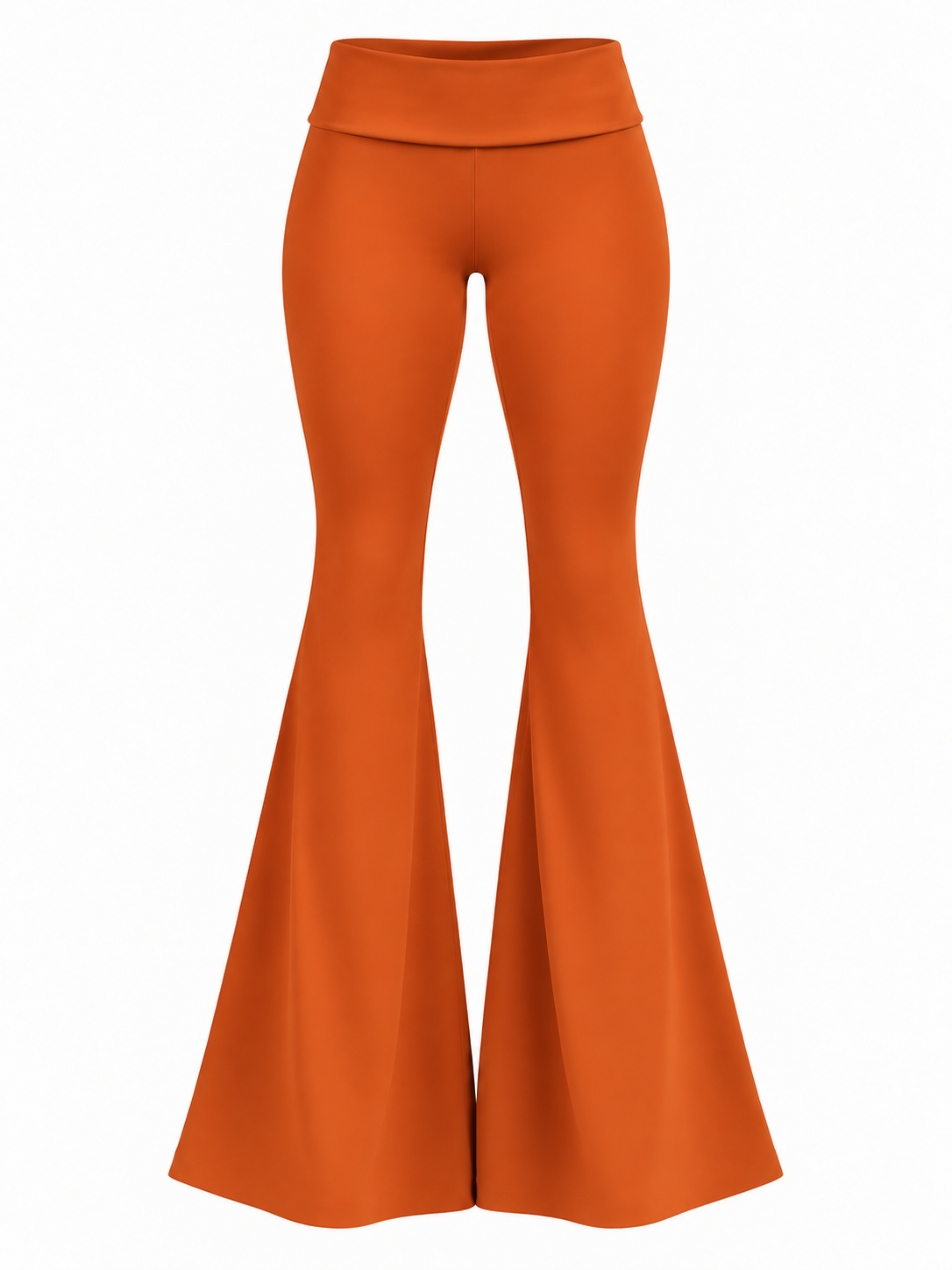 PHURAL She Did It Anyway Flares in Pumpkin Spice — low-rise foldover waistband front view