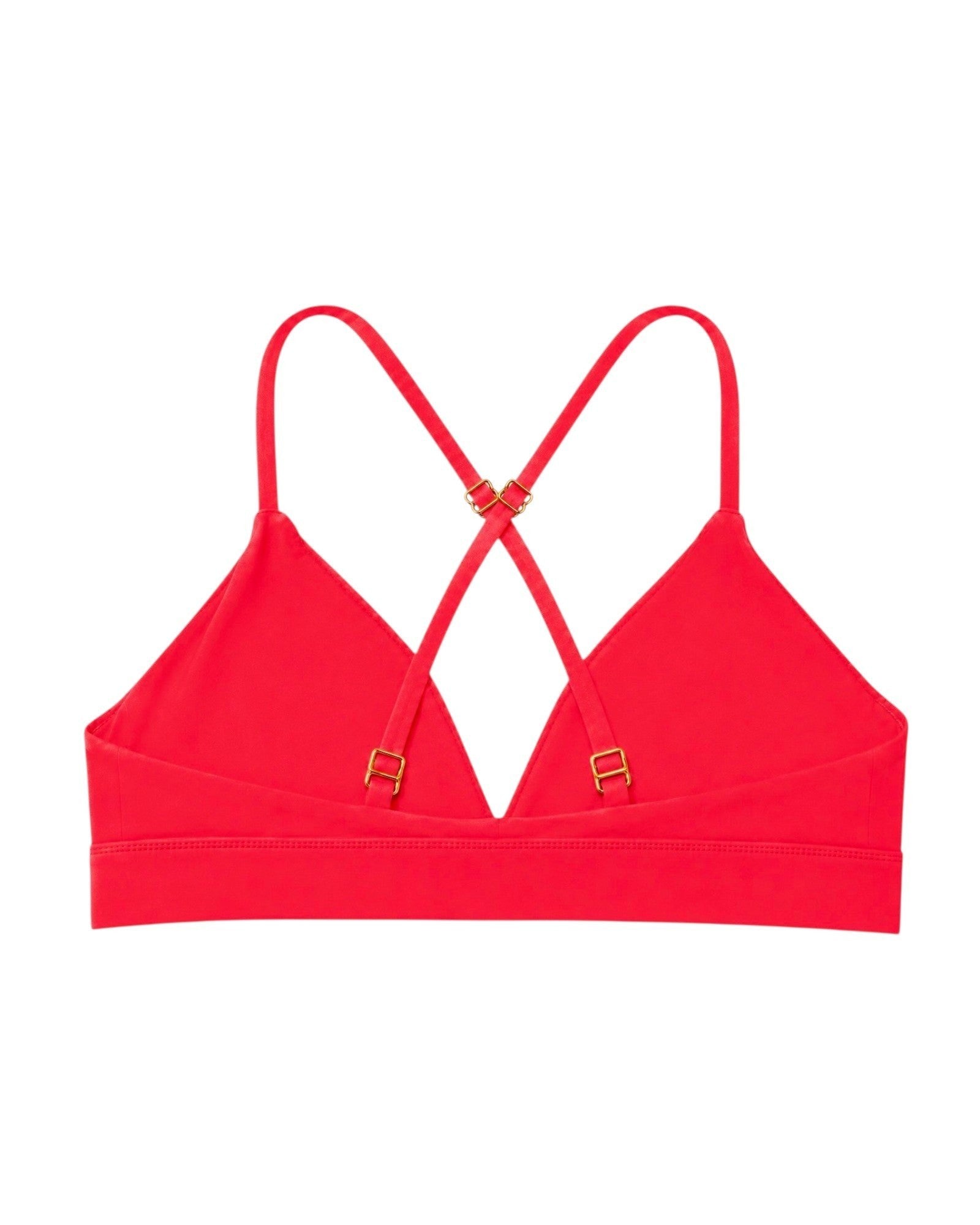 Phural red convertible bra-kini top with gold hardware and racerback straps on a white background
