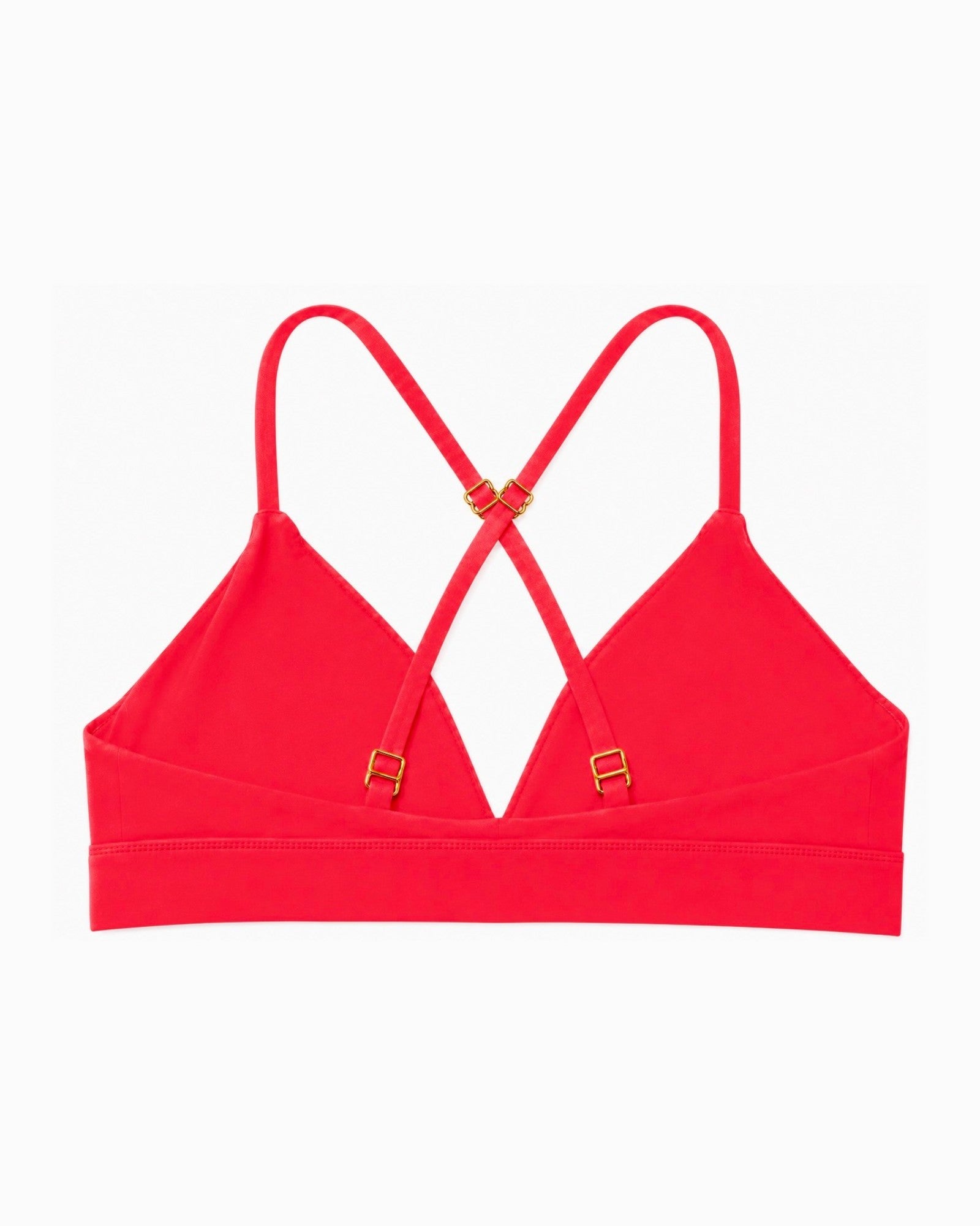Phural red convertible bra-kini top with gold hardware and racerback straps on a white background