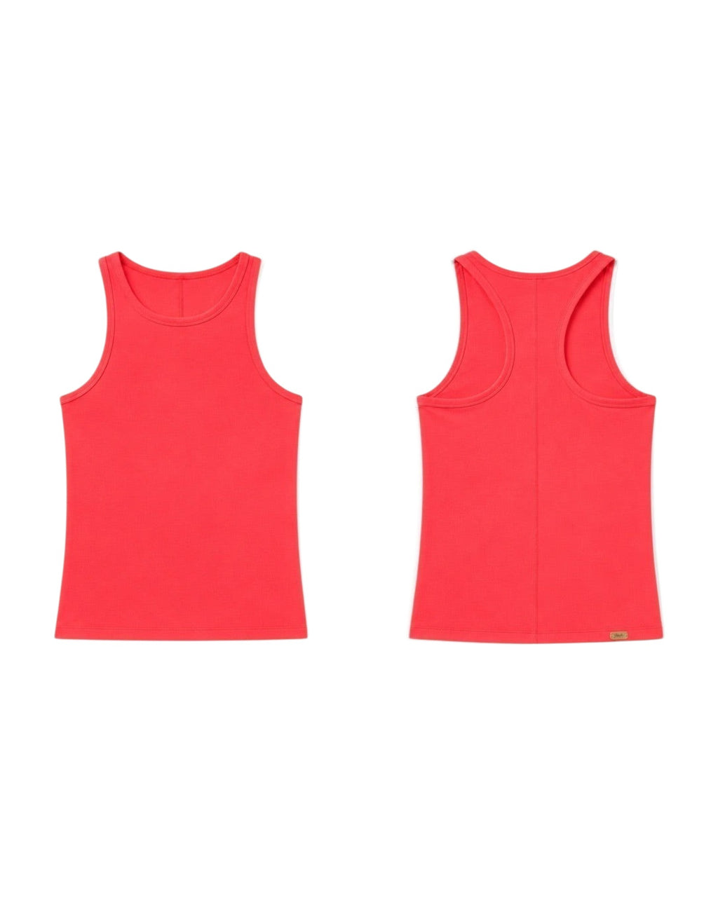 Phural racerback tank top in vibrant red with white side trim, shown from front and back views.