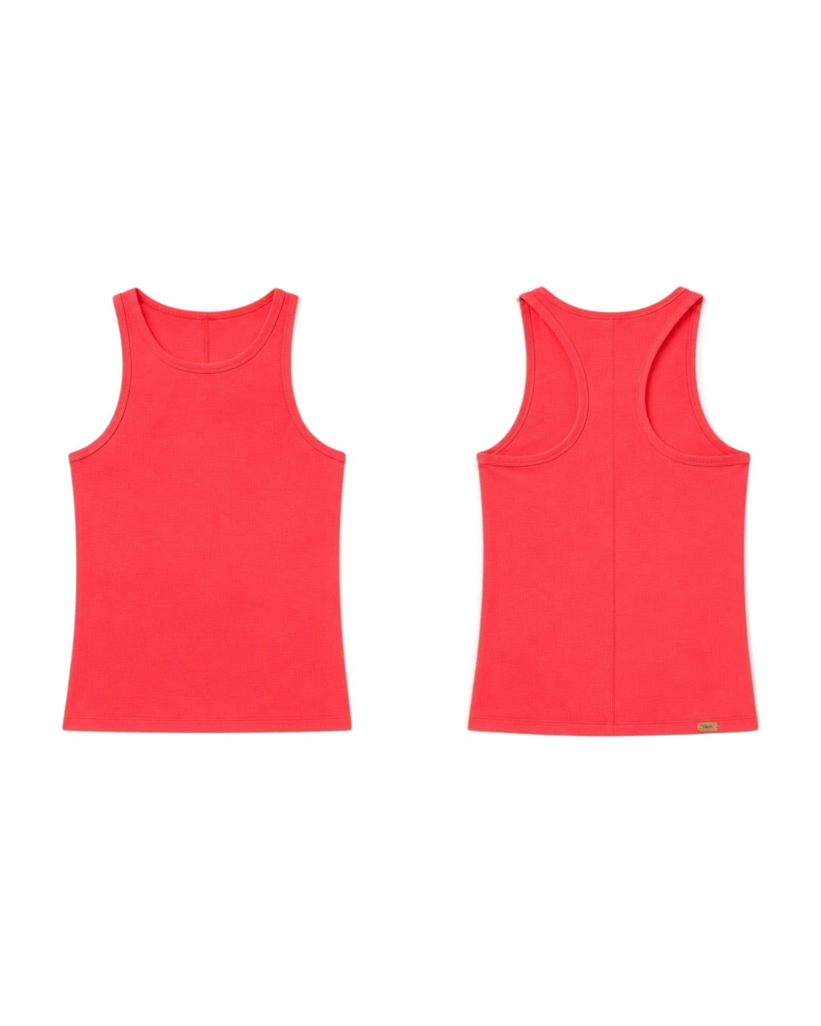 Phural racerback tank top in vibrant red with white side trim, shown from front and back views.