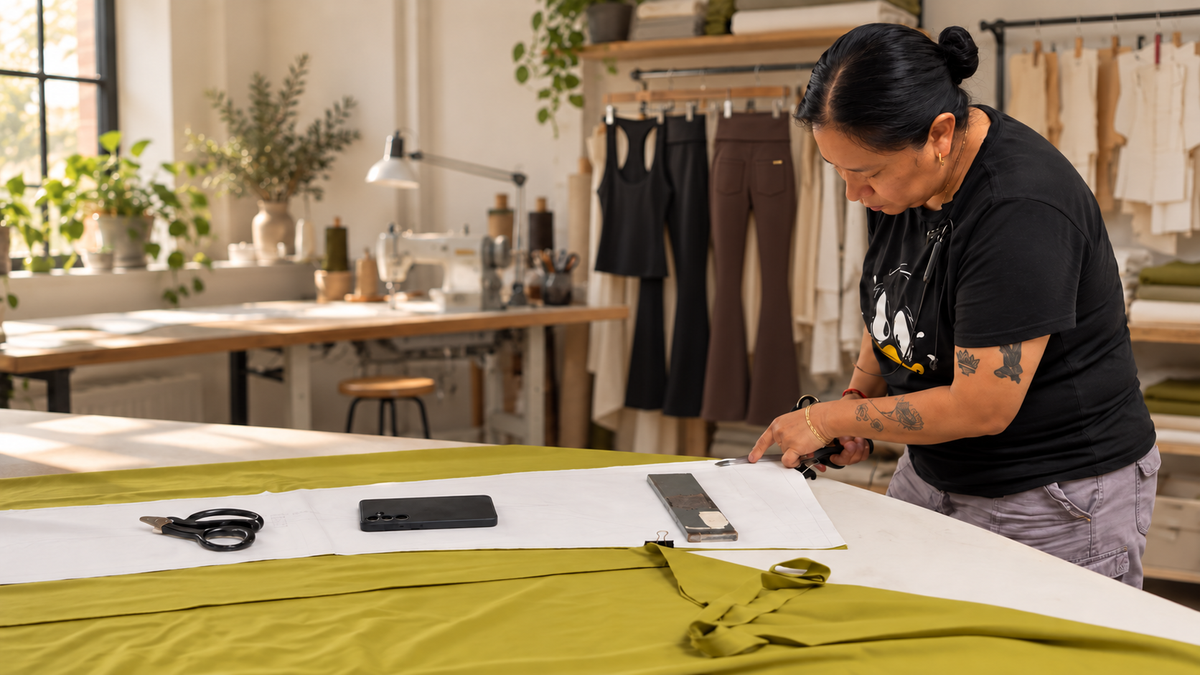 Seamstress cutting olive fabric for PHURAL flares, with flares and a racerback tank hanging in the studio background.